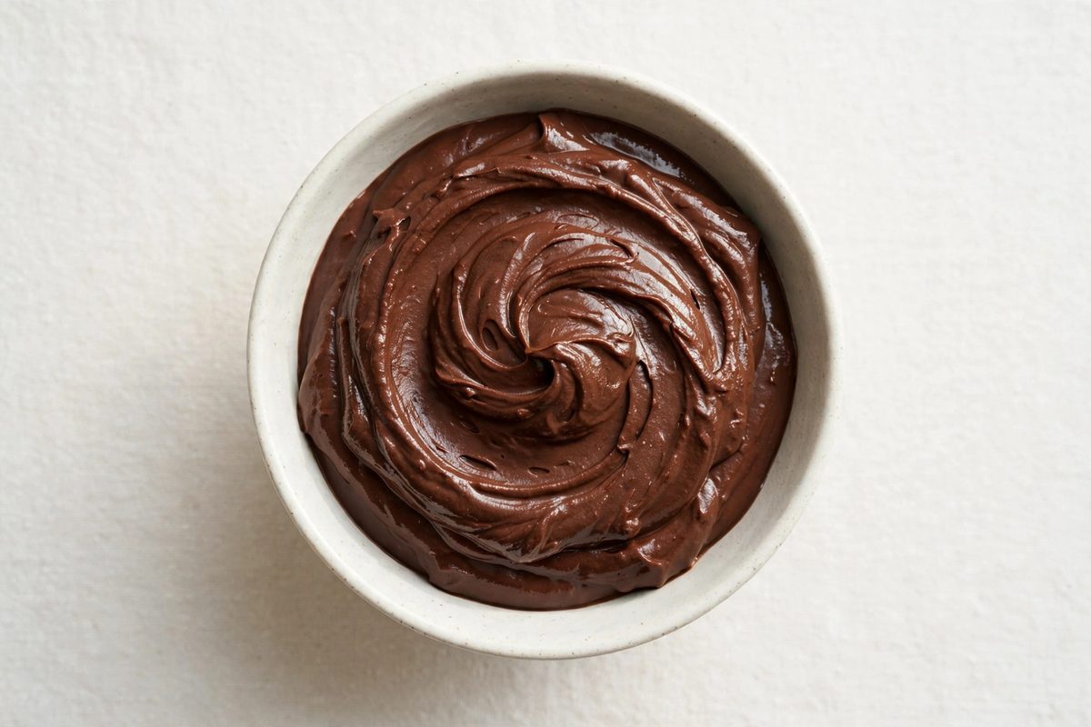 Overhead view of a bowl of smooth chocolate protein pudding