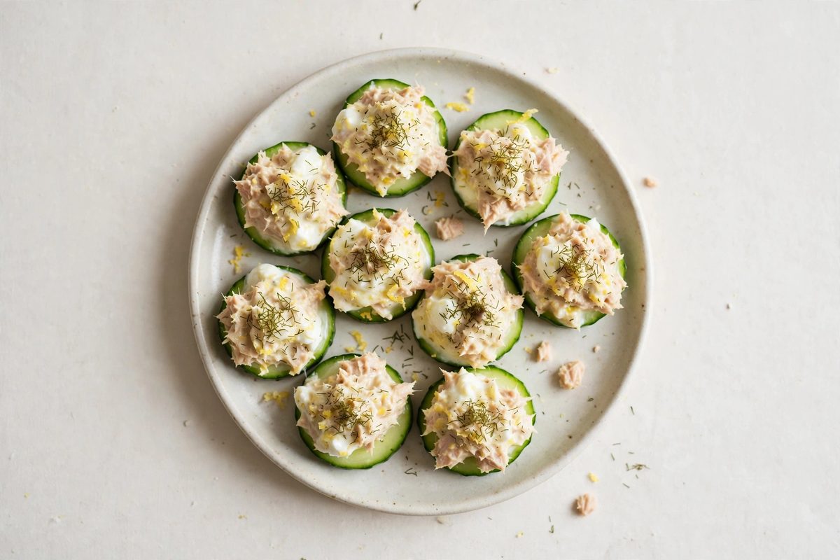 Overhead view of lemon tuna salad piled on cucumber rounds on a small plate
